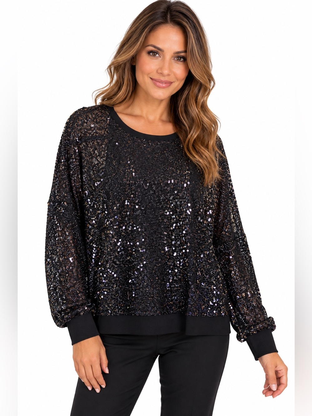 DKNY Black Metallic Sequin Mesh Long Sleeve Top XL